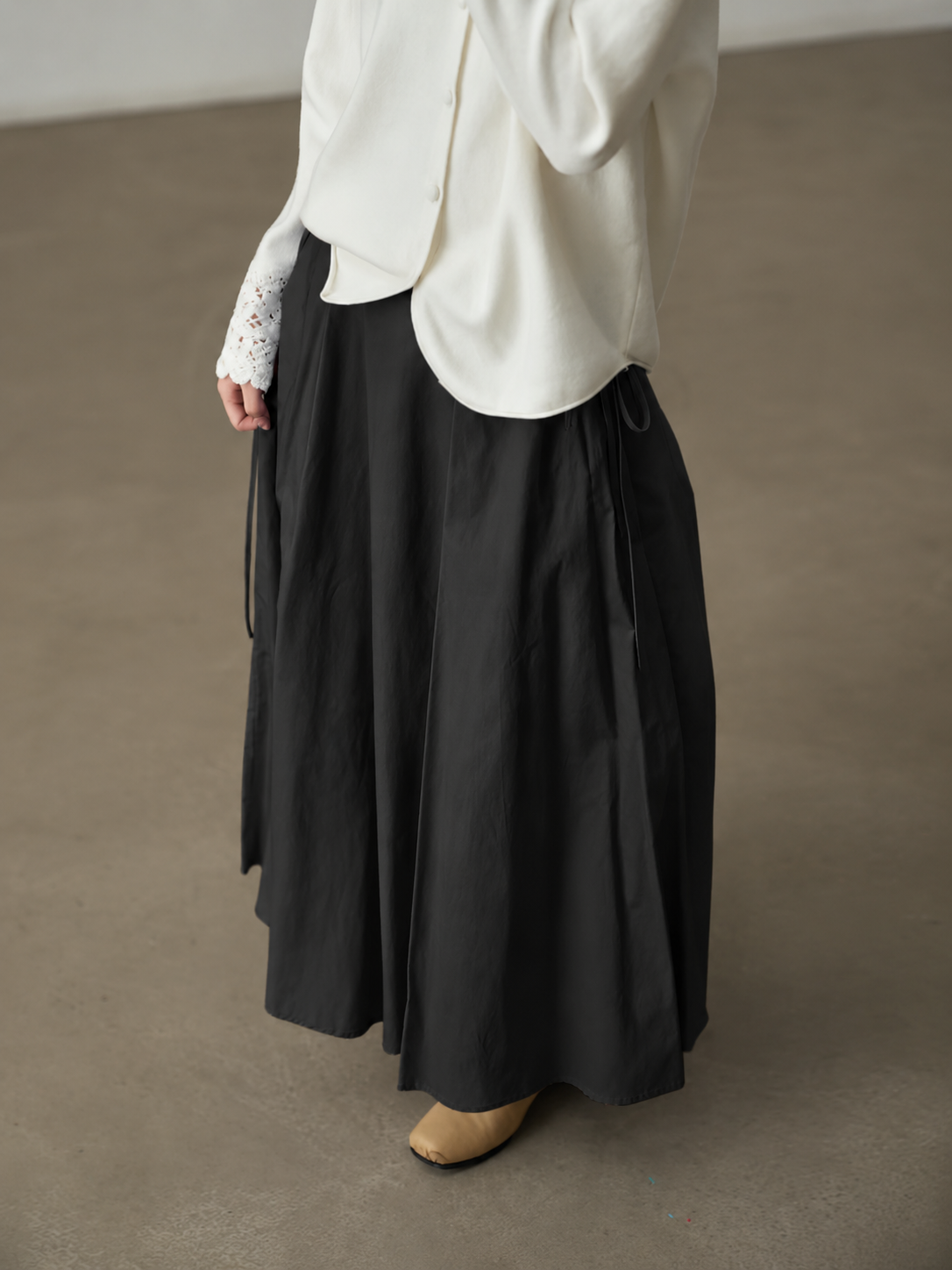 Yan Bing Adjustable Tie-Waist Cotton A-Line Maxi Skirt
