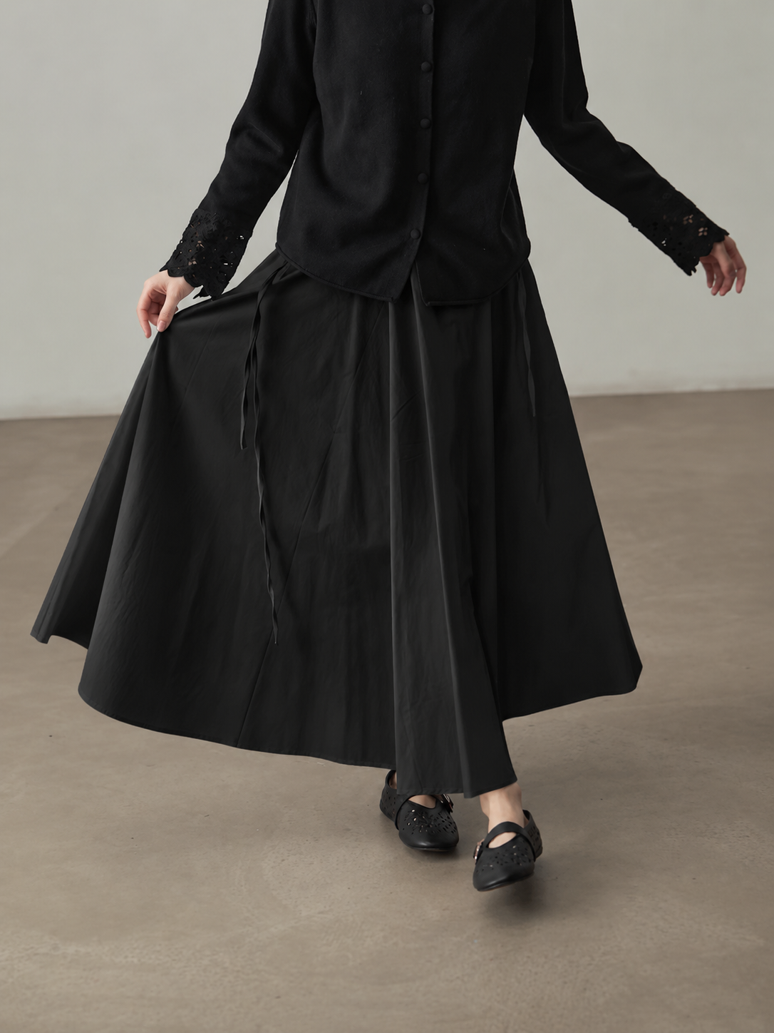 Yan Bing Adjustable Tie-Waist Cotton A-Line Maxi Skirt
