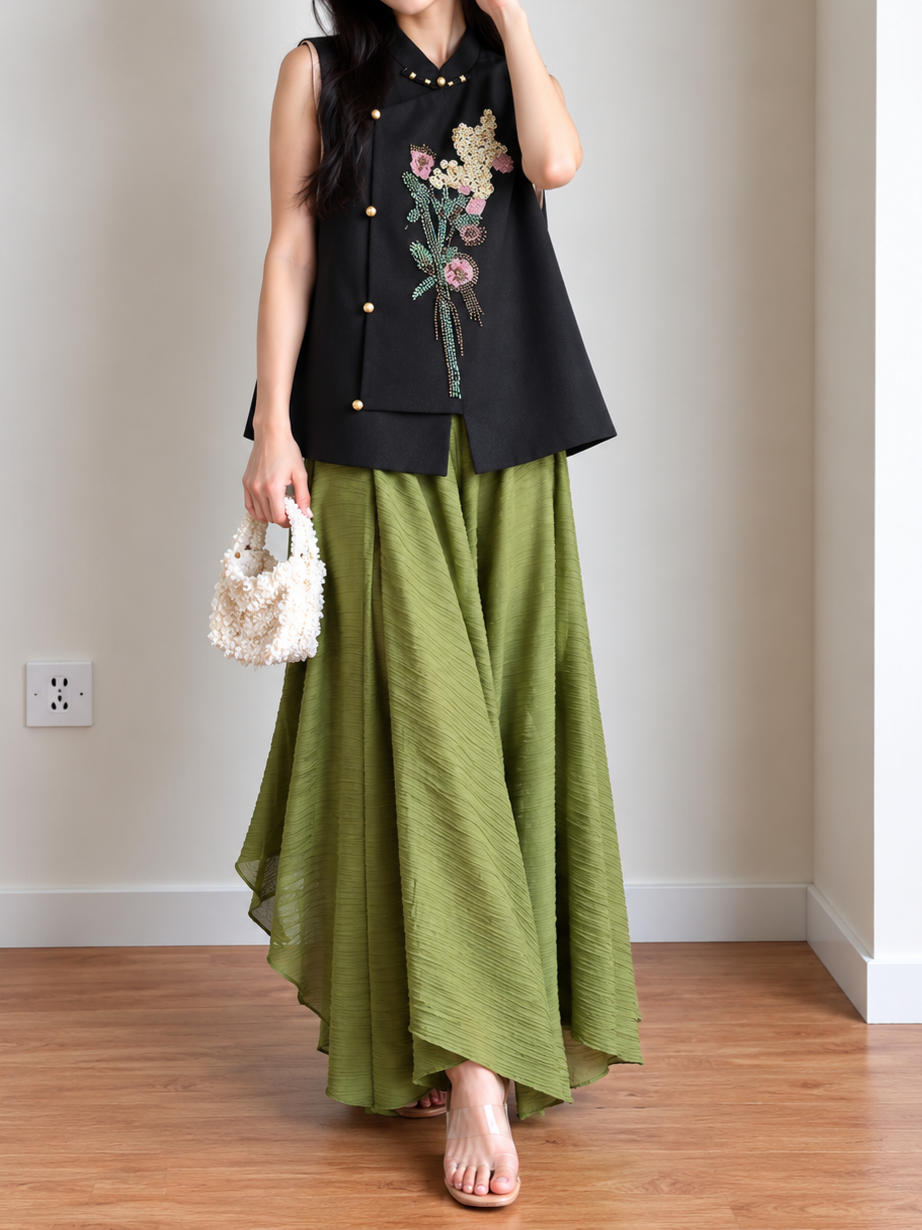Yan Jian Pleated Asymmetric-Hem Palazzo Pants