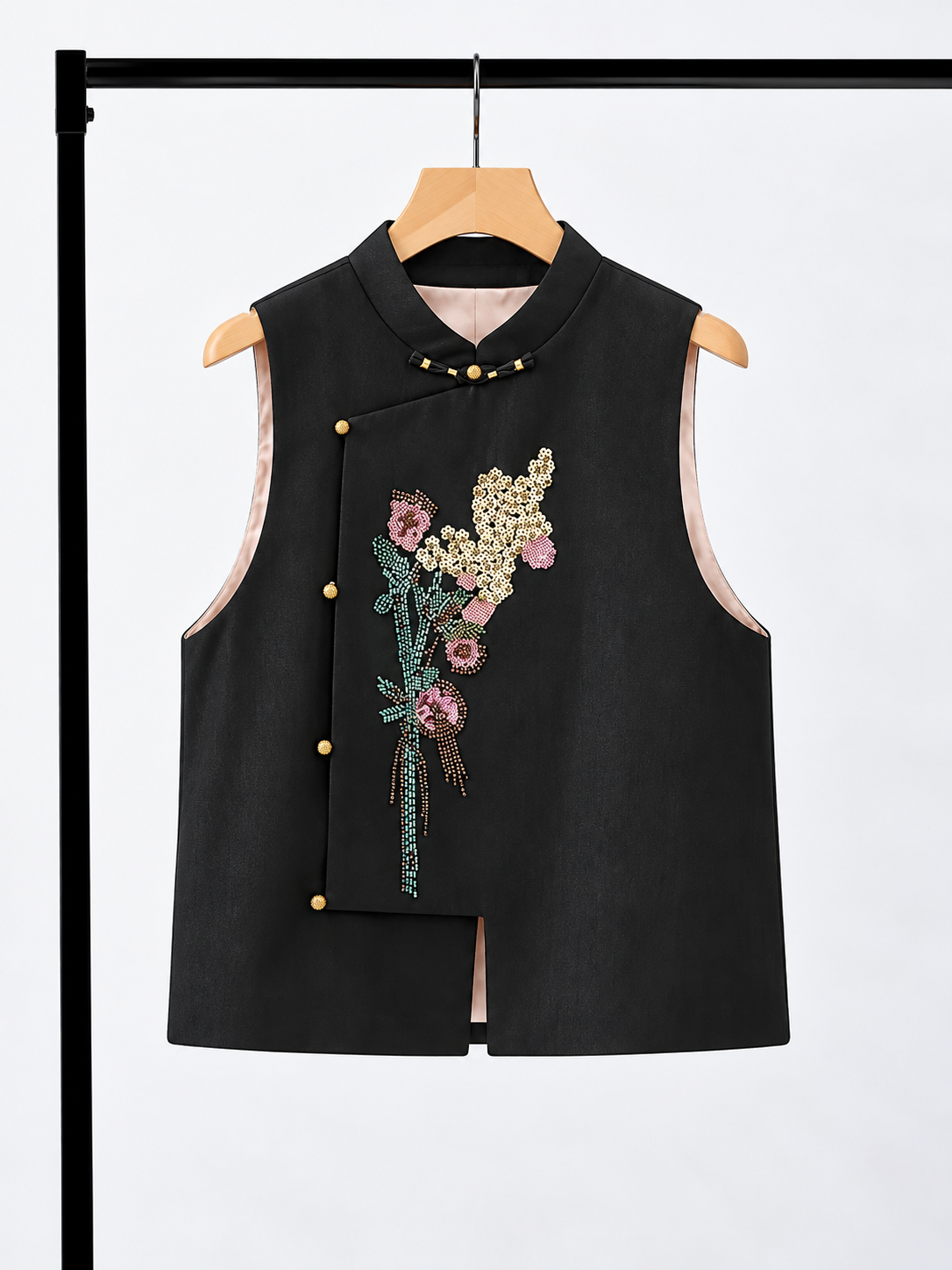 Yan Mei Reversible Sequin-Floral Silk Oriental Vest