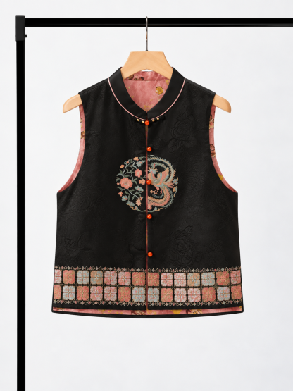 Yan Mang Reversible Phoenix-Embroidered Silk Oriental Vest