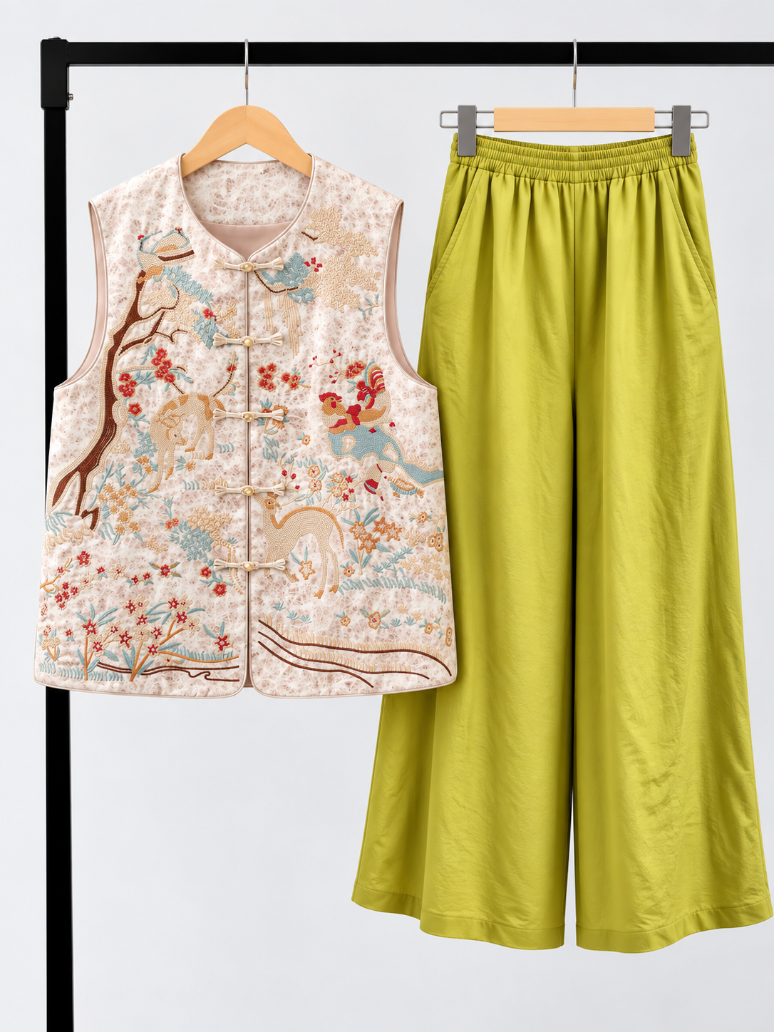 Yu Xin Deer-Print Embroidered Oriental Vest