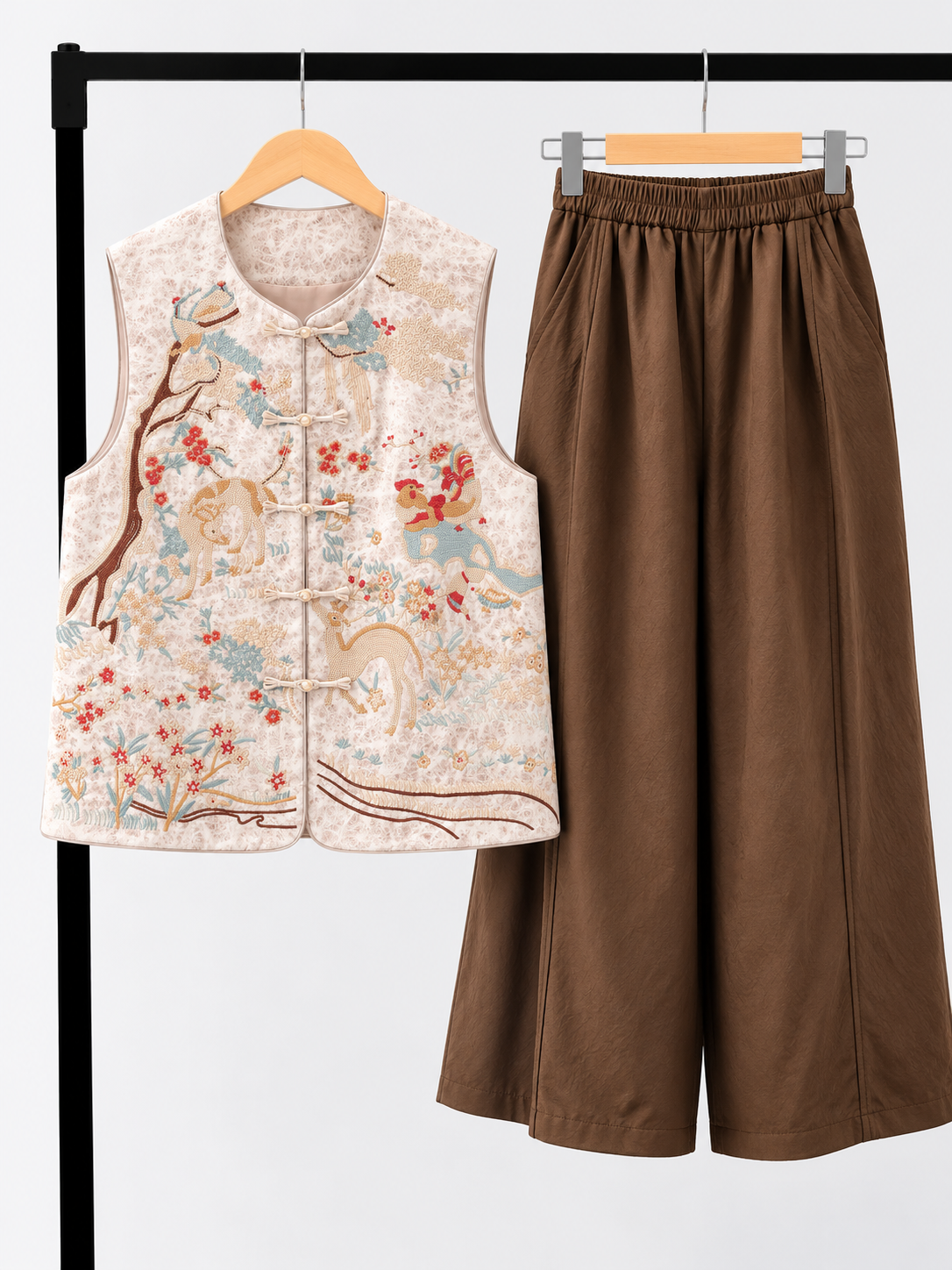 Yu Xin Deer-Print Embroidered Oriental Vest