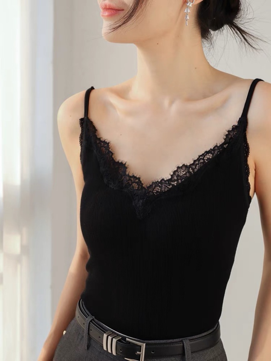 Qanaly French Lacey Trim Cami Padded Top