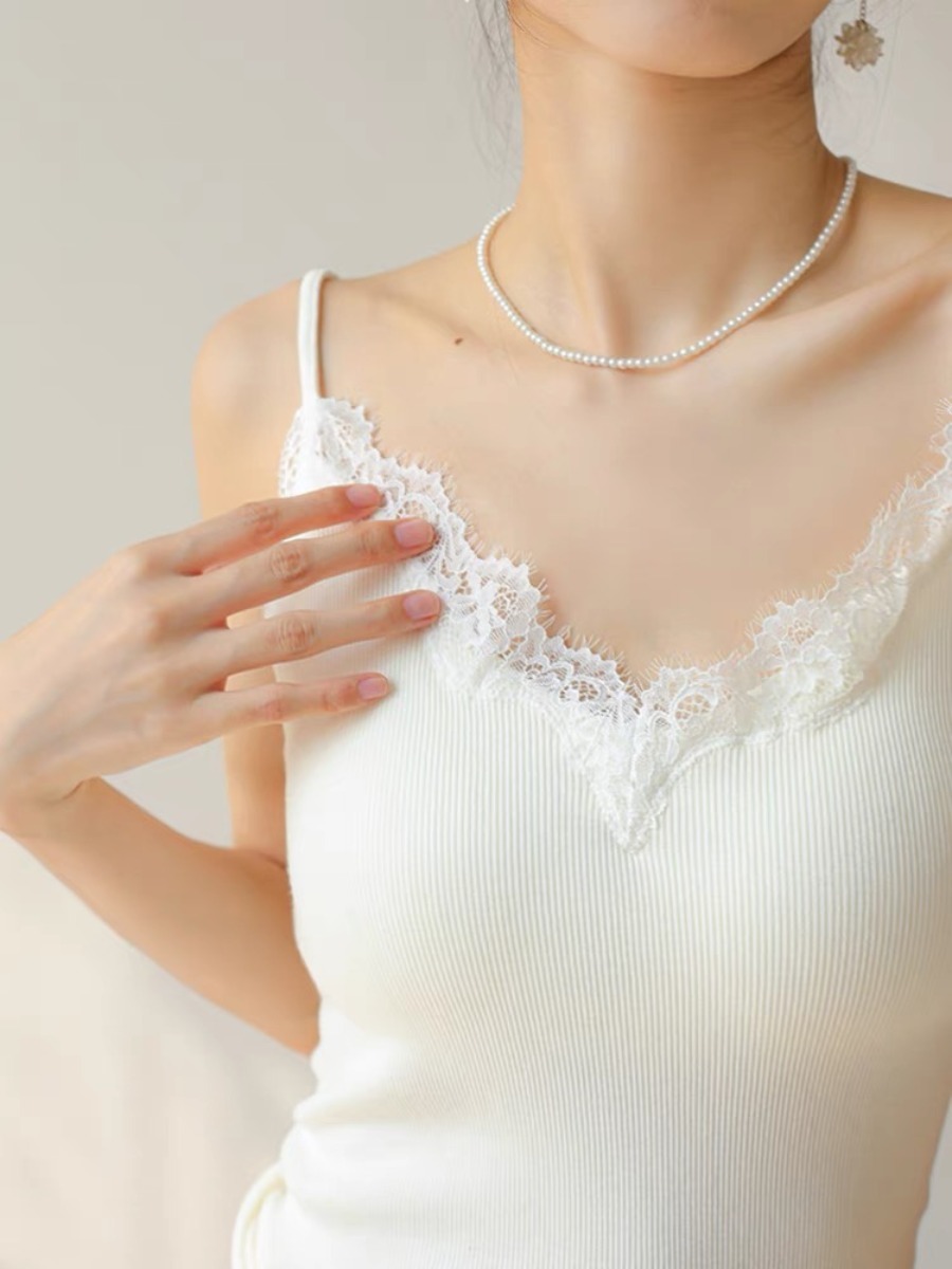 Qanaly French Lacey Trim Cami Padded Top