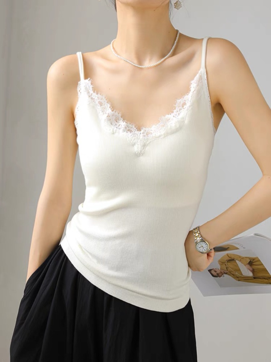 Qanaly French Lacey Trim Cami Padded Top