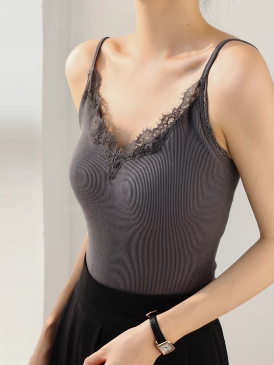 Qanaly French Lacey Trim Cami Padded Top