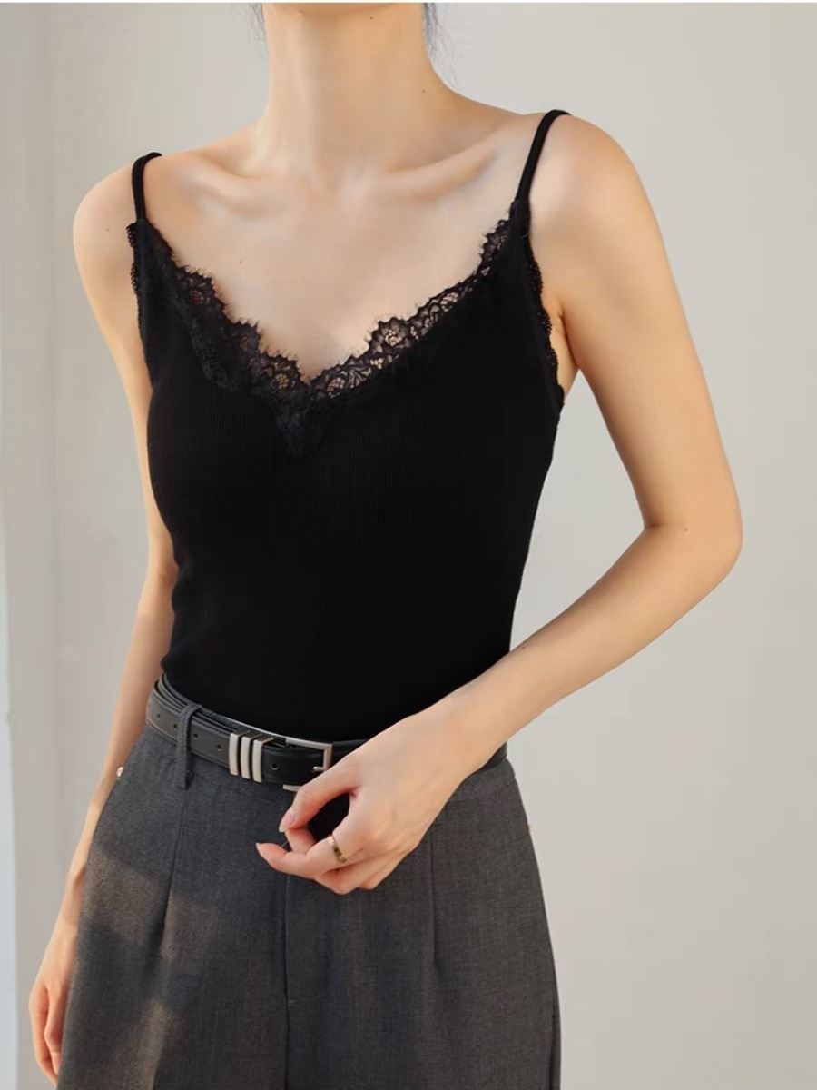 Qanaly French Lacey Trim Cami Padded Top