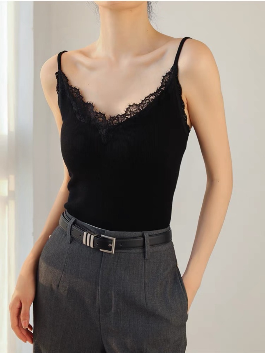 Qanaly French Lacey Trim Cami Padded Top