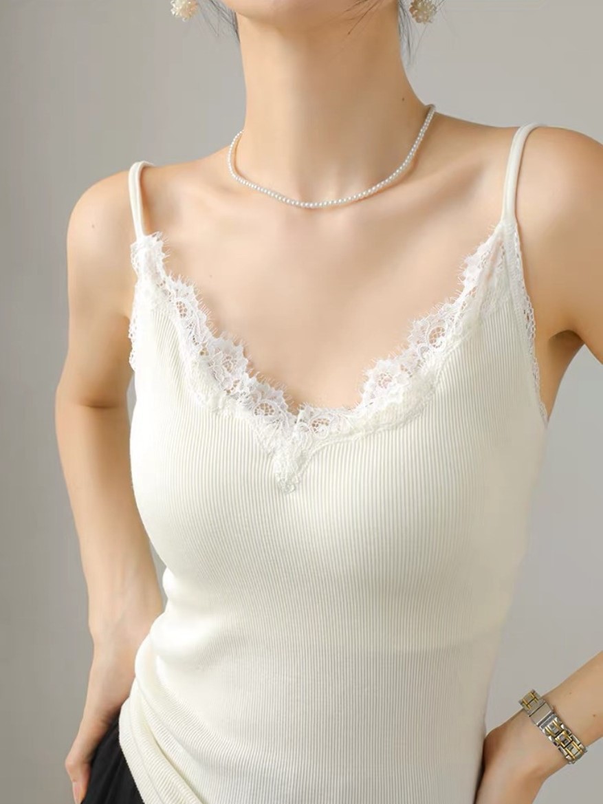 Qanaly French Lacey Trim Cami Padded Top