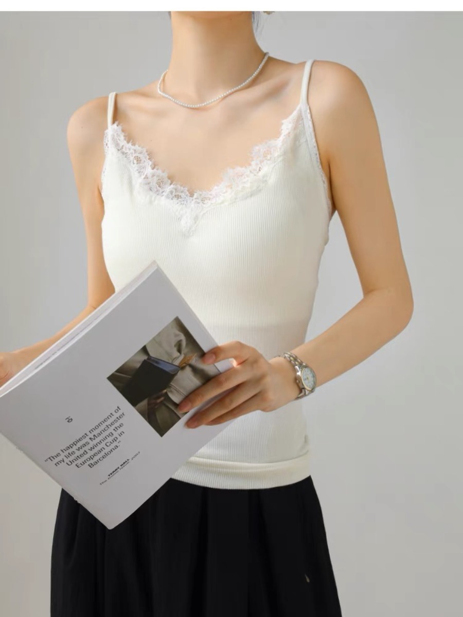 Qanaly French Lacey Trim Cami Padded Top