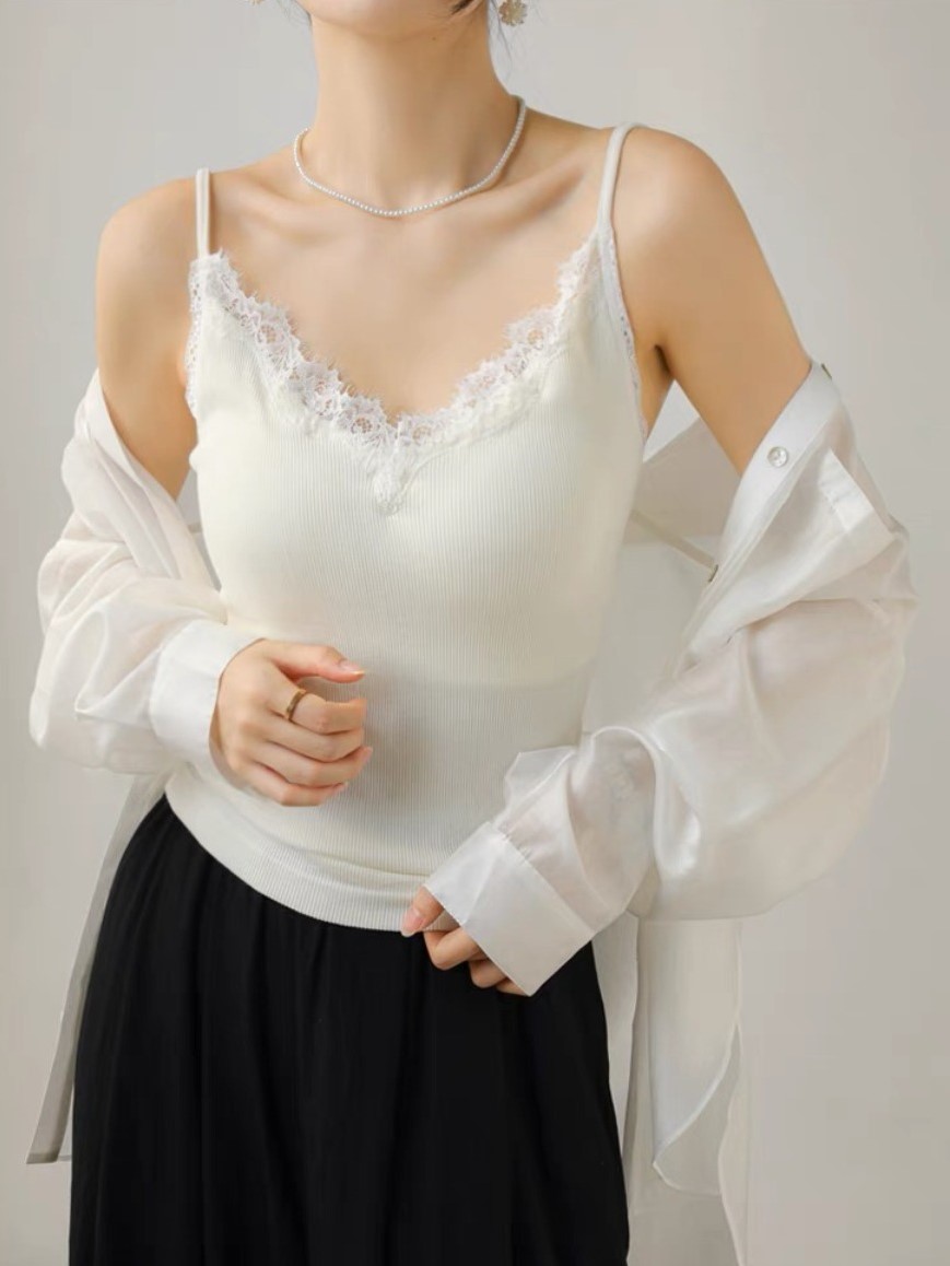 Qanaly French Lacey Trim Cami Padded Top