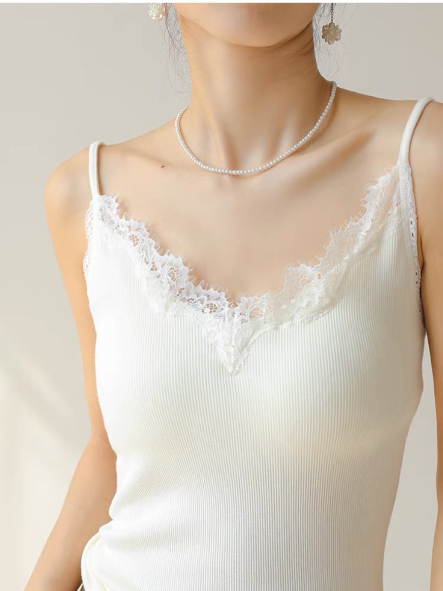 Qanaly French Lacey Trim Cami Padded Top