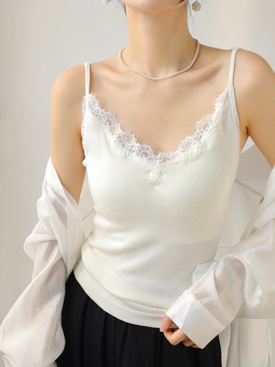 Qanaly French Lacey Trim Cami Padded Top