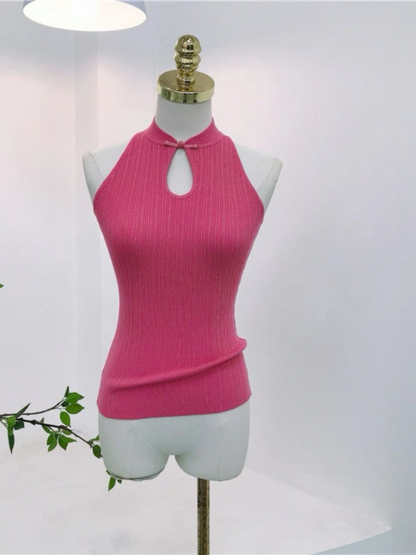 Li Yi Halter Neck Oriental Knit Top