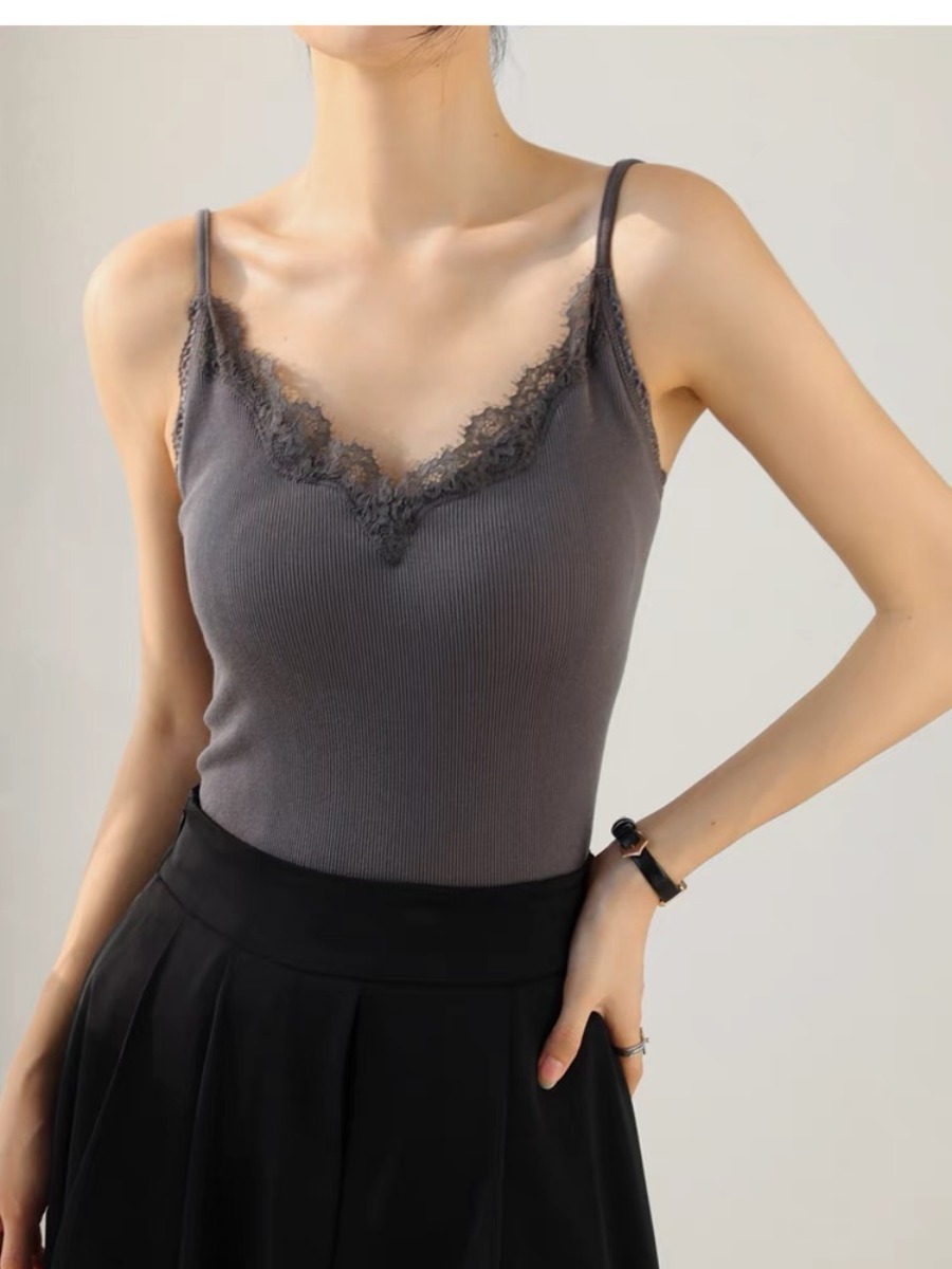 Qanaly French Lacey Trim Cami Padded Top