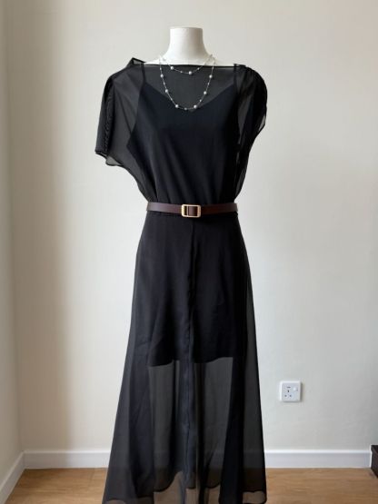 Vanyce Asymmetric Collar Two Piece Sheer Dress