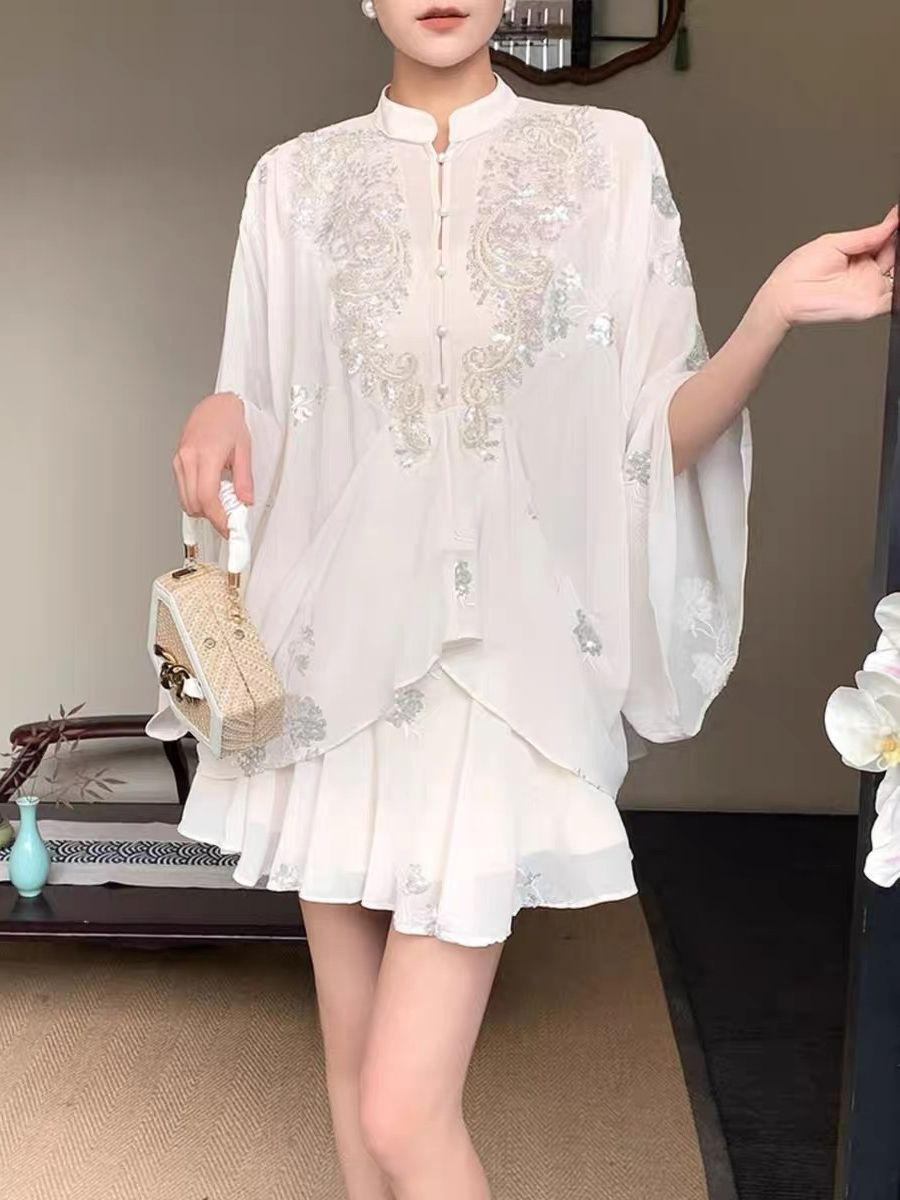 Ding Ji Oriental Sequin Cape Top & Mini Skort-The Black Bow-