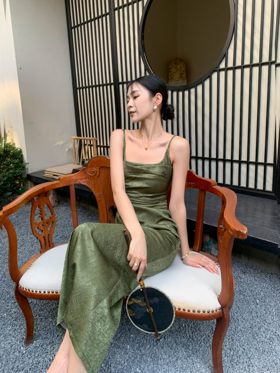 Ding Ze Square Neck Oriental Cami Dress-The Black Bow-