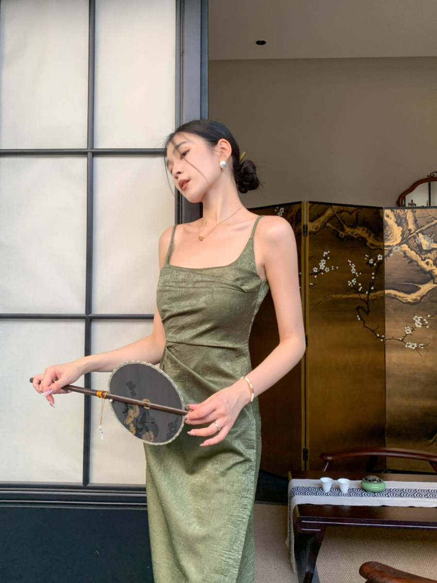 Ding Ze Square Neck Oriental Cami Dress-The Black Bow-