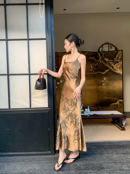 Ding Hang Oriental Bamboo Printing Cami Dress-The Black Bow-