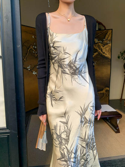 Ding Hang Oriental Bamboo Printing Cami Dress-The Black Bow-