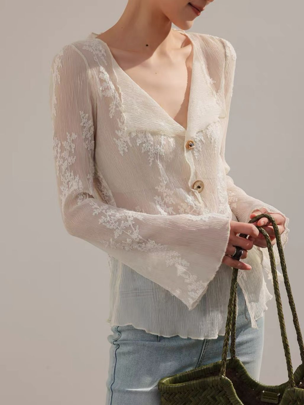 Lean French Petal Embroided Trumpet Sleeve Top