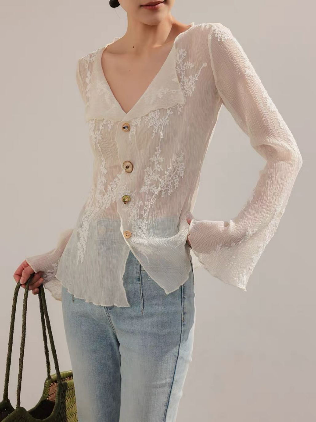 Lean French Petal Embroided Trumpet Sleeve Top