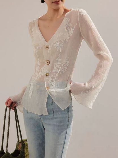 Lean French Petal Embroided Trumpet Sleeve Top