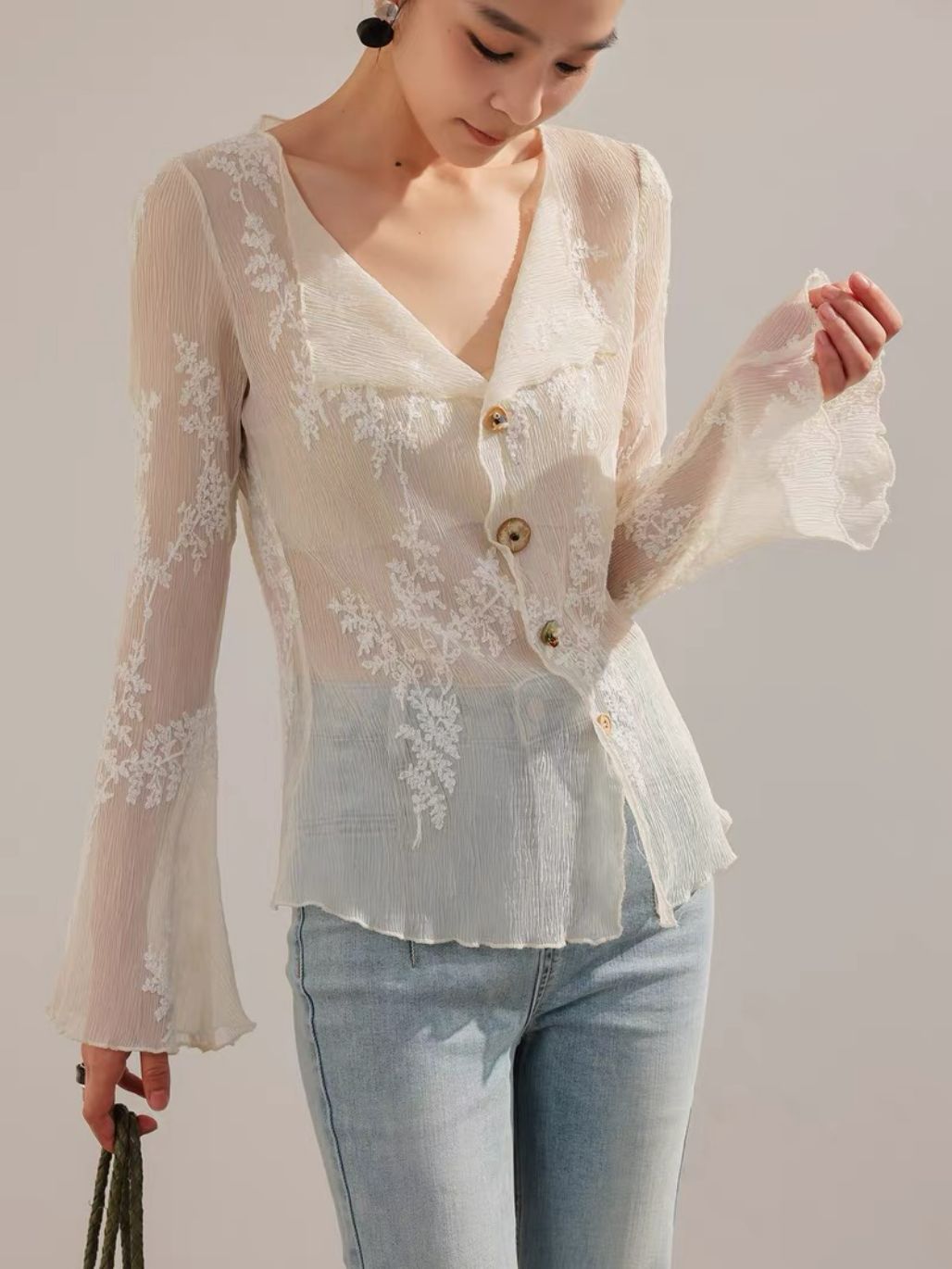 Lean French Petal Embroided Trumpet Sleeve Top