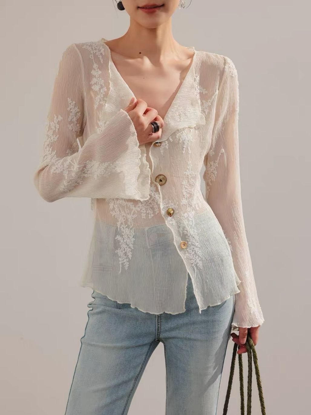 Lean French Petal Embroided Trumpet Sleeve Top