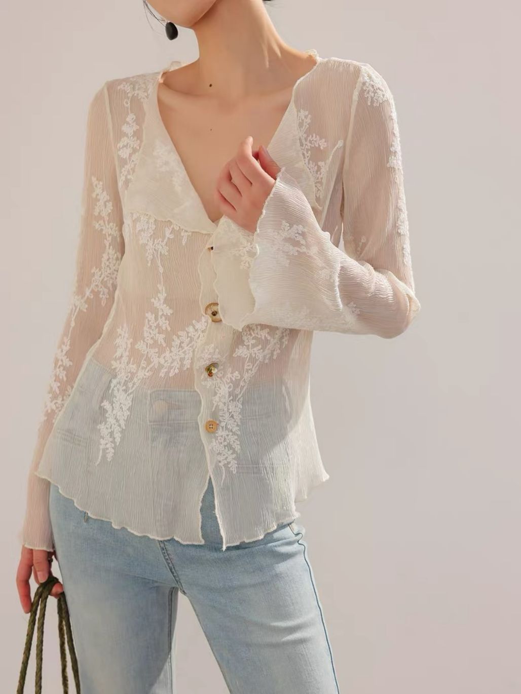 Lean French Petal Embroided Trumpet Sleeve Top