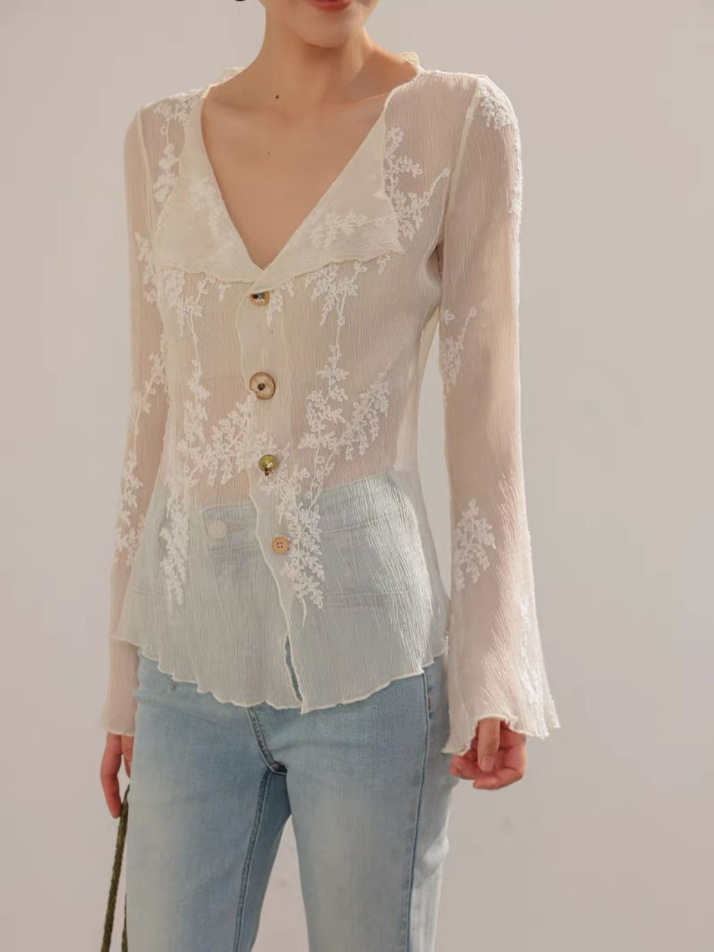 Lean French Petal Embroided Trumpet Sleeve Top