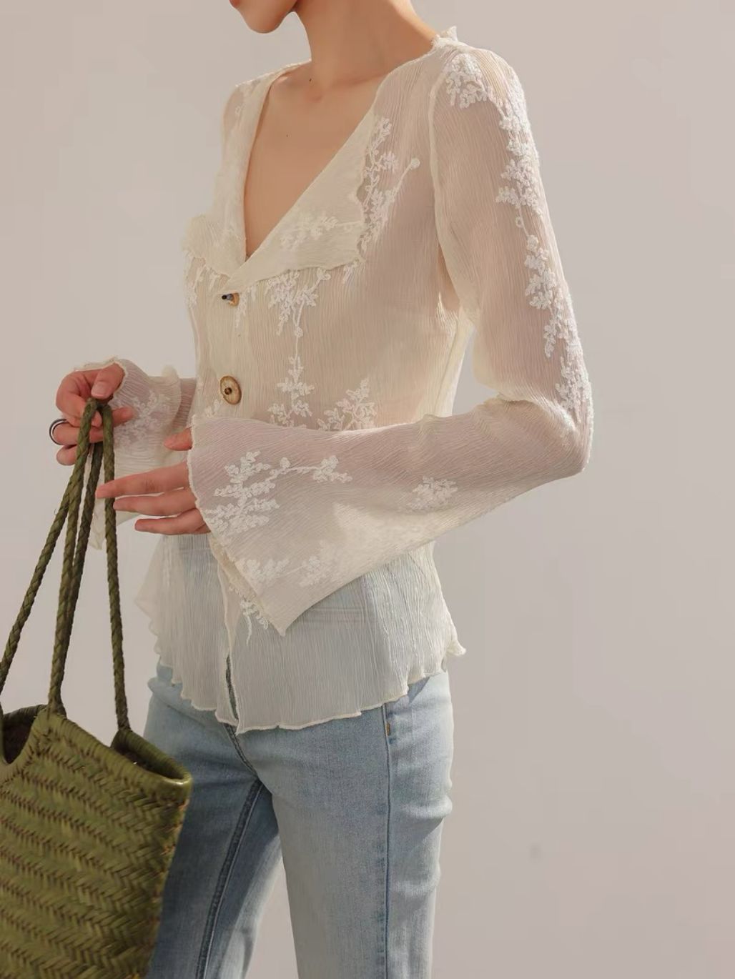 Lean French Petal Embroided Trumpet Sleeve Top