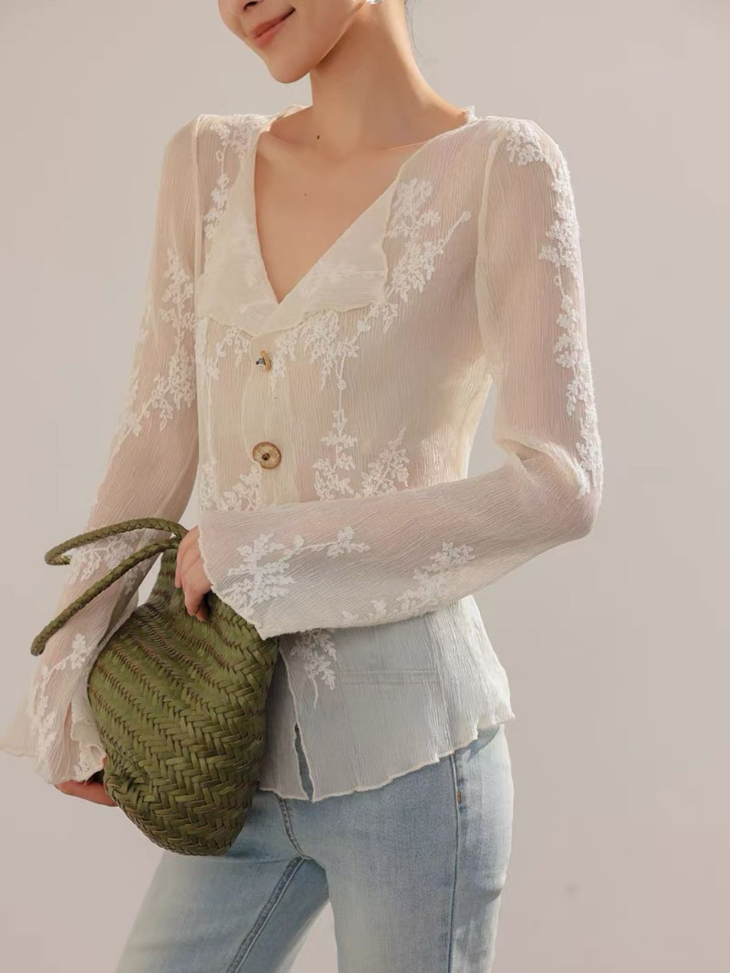 Lean French Petal Embroided Trumpet Sleeve Top