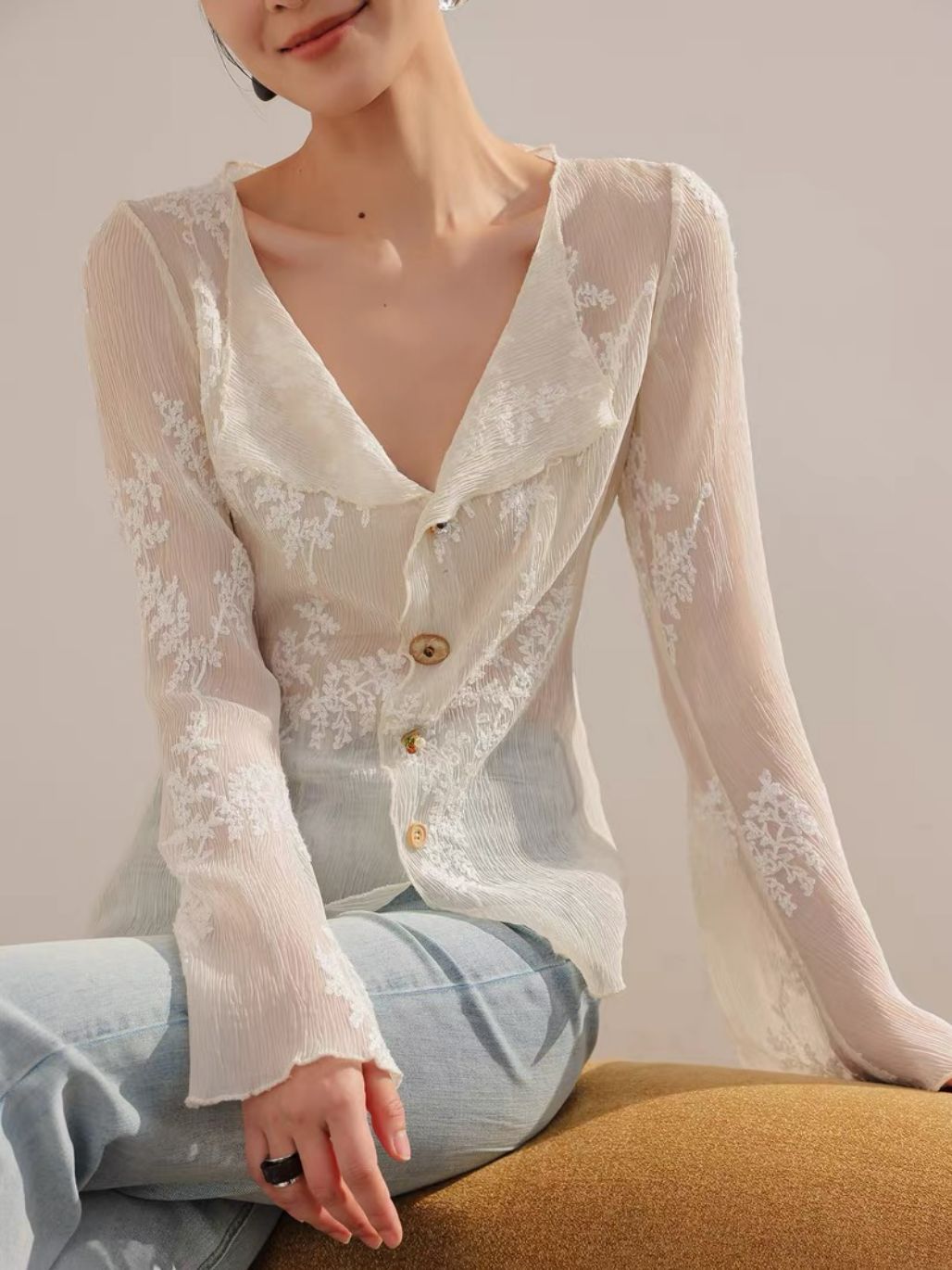 Lean French Petal Embroided Trumpet Sleeve Top