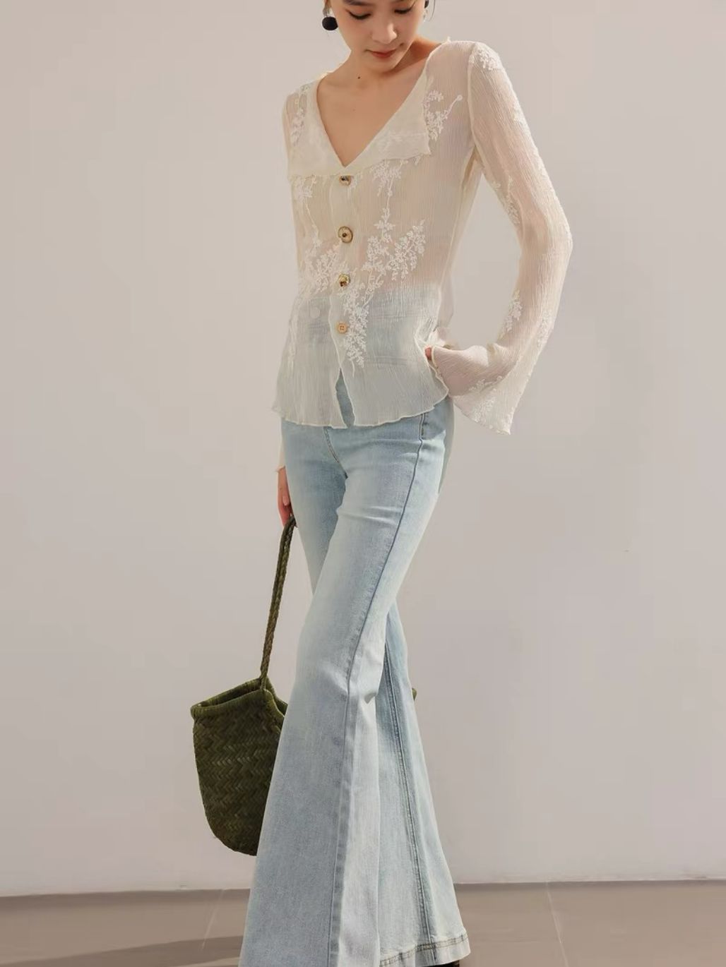 Lean French Petal Embroided Trumpet Sleeve Top