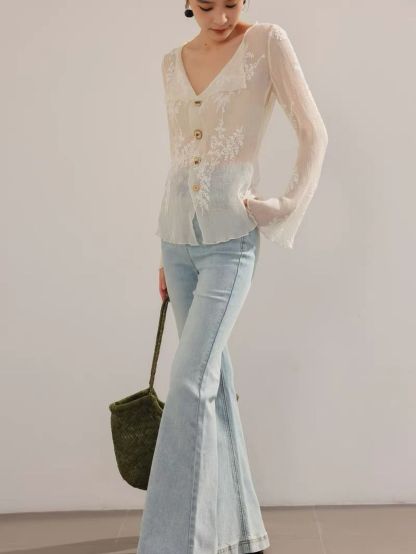 Lean French Petal Embroided Trumpet Sleeve Top