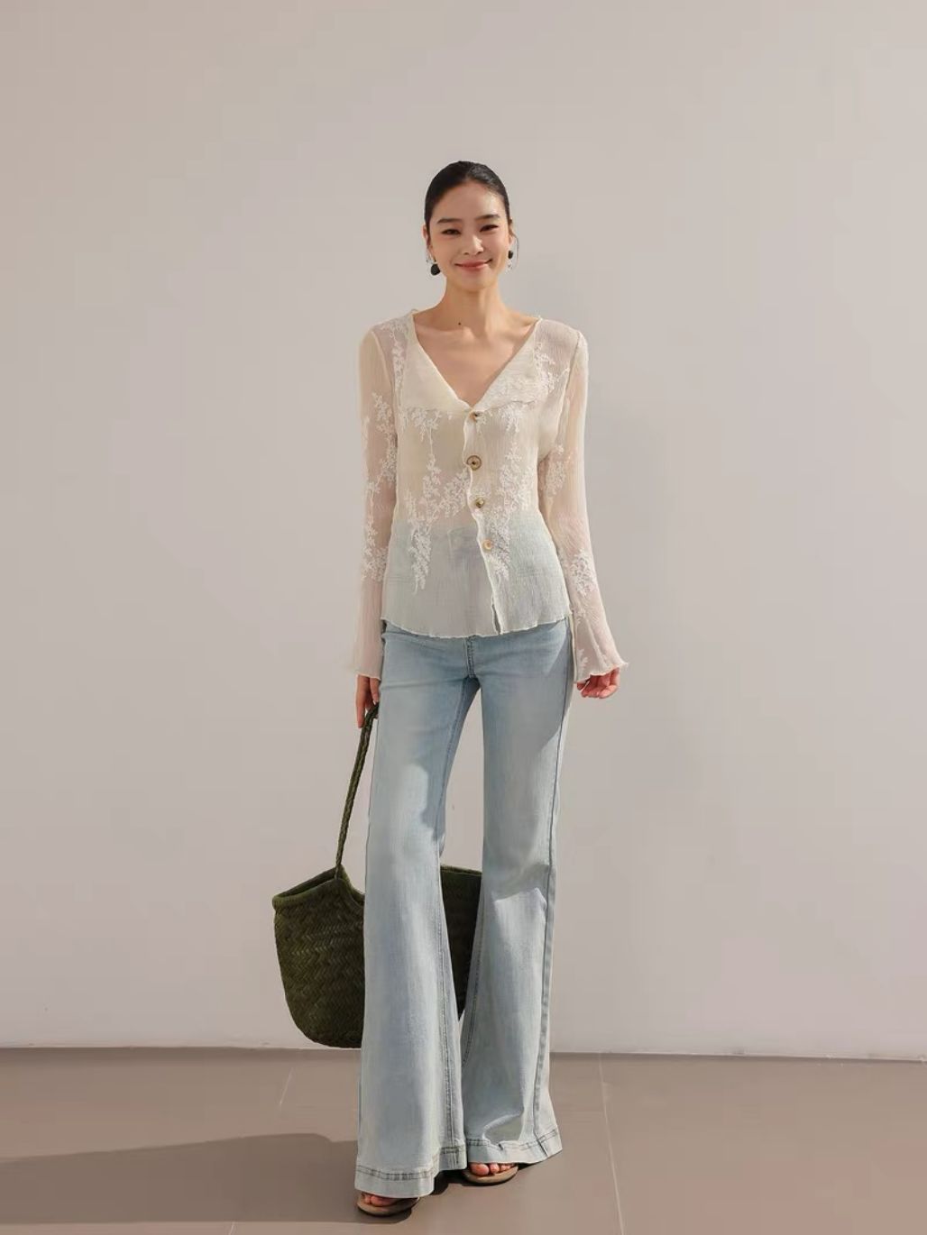 Lean French Petal Embroided Trumpet Sleeve Top