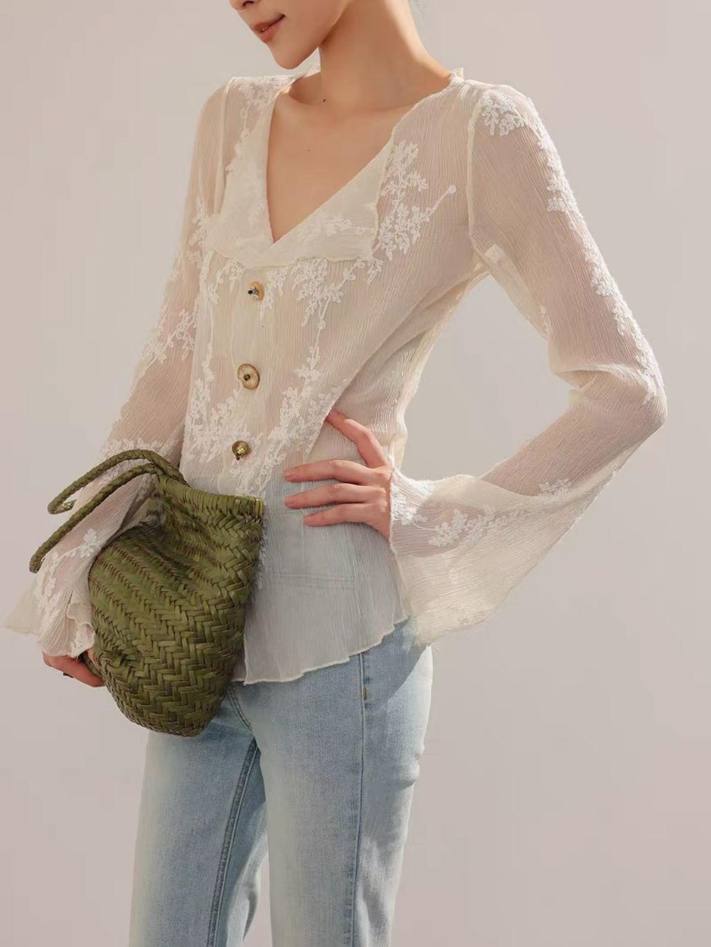 Lean French Petal Embroided Trumpet Sleeve Top