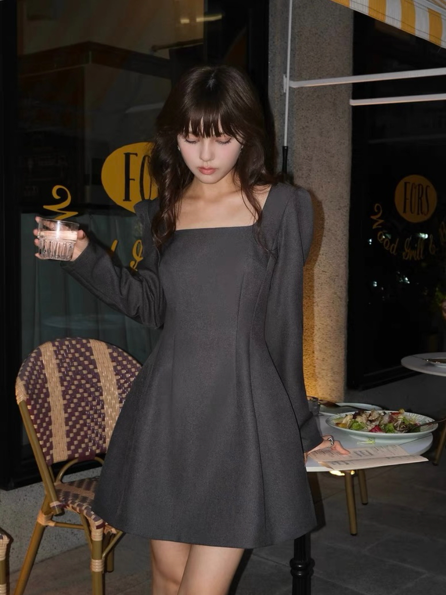 Marlee Square Neck Puff Sleeve A-Line Dress (Discounted-M, L Size)-The Black Bow-
