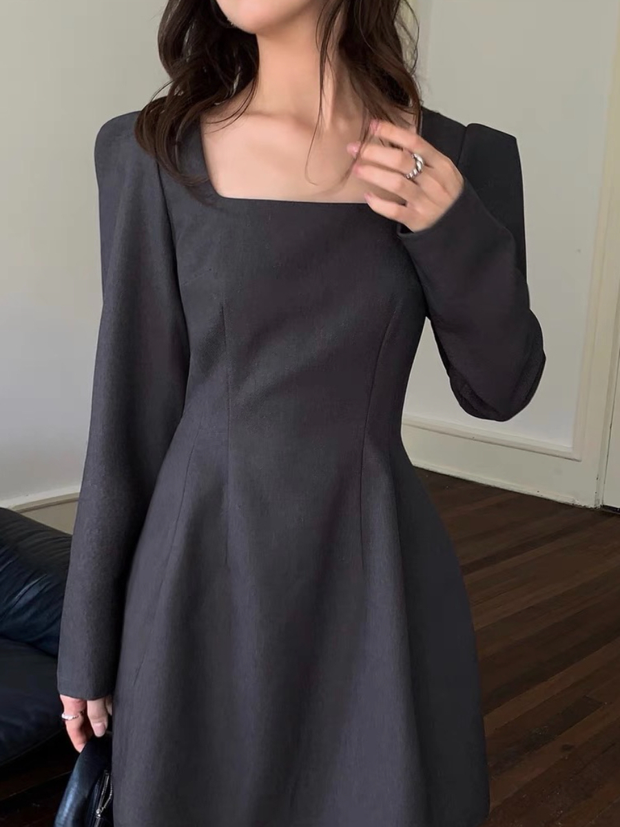 Marlee Square Neck Puff Sleeve A-Line Dress (Discounted-M, L Size)-The Black Bow-