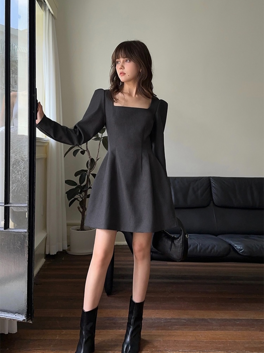 Marlee Square Neck Puff Sleeve A-Line Dress (Discounted-M, L Size)-The Black Bow-