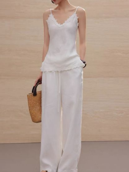 Louie Relaxed Luxry Linen Lacey Trim Top & Pants (Sold Seperately)