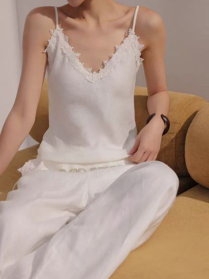 Louie Relaxed Luxry Linen Lacey Trim Top & Pants (Sold Seperately)