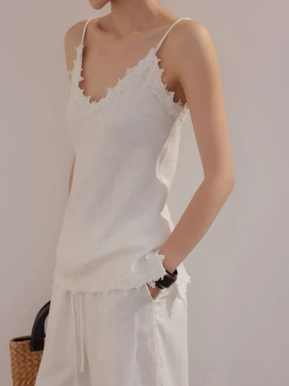Louie Relaxed Luxry Linen Lacey Trim Top & Pants (Sold Seperately)