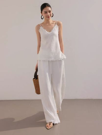 Louie Relaxed Luxry Linen Lacey Trim Top & Pants (Sold Seperately)