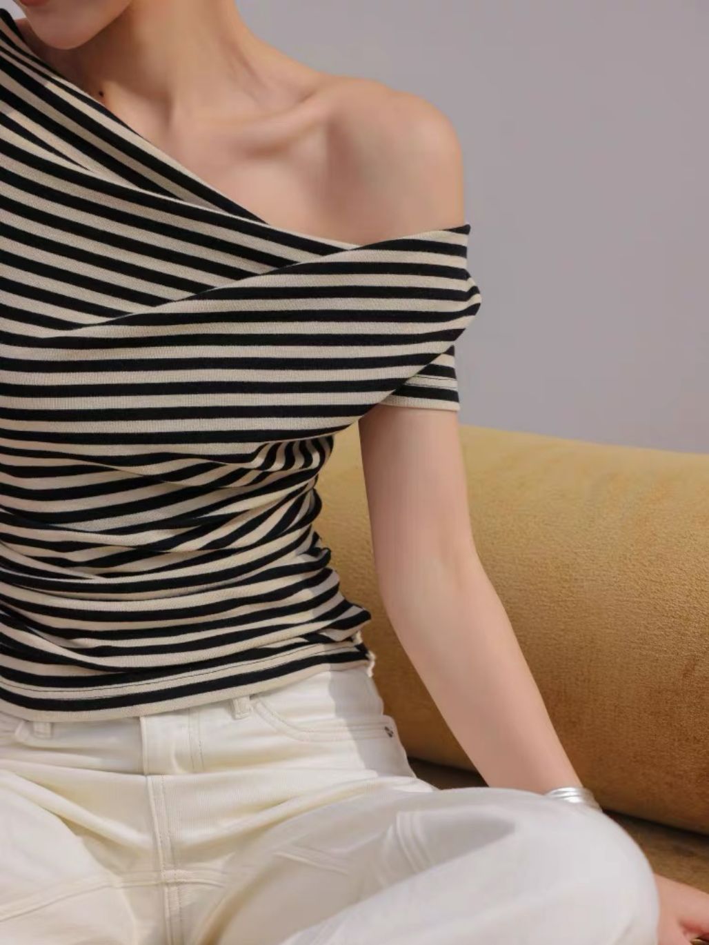 Lyle Asymmetrc Neckline Stripe Top