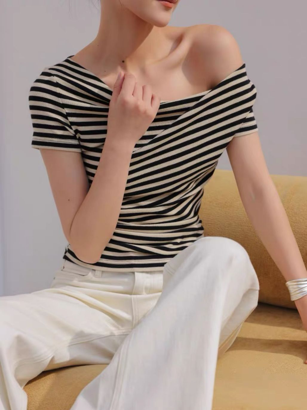 Lyle Asymmetrc Neckline Stripe Top