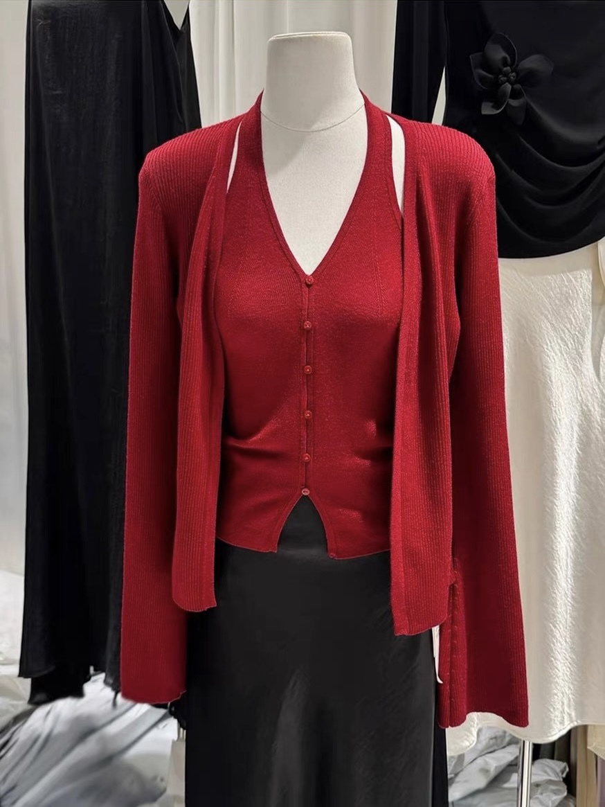 Lanely Two Piece Halter Neck Knit Top with Cardigan 